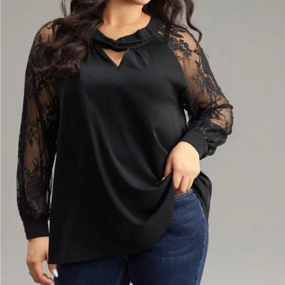 Bloomchic Keyhole Black Lace Sleeve Women's Blouse size 12